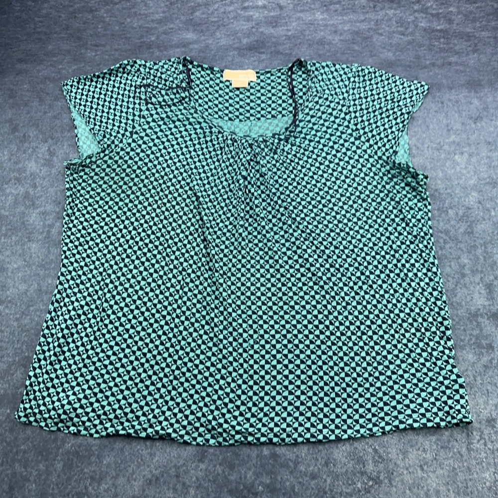Michael‎ Michael Kors Womens 2X Teal Black Geometric Print Short Sleeve Blouse